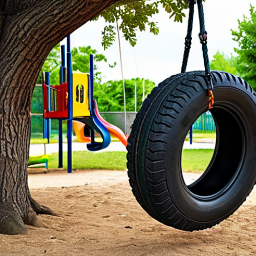 **A colorful tire swing hanging from a tree in a playground, with children laughing and playing around it.** (Focuses on the fun aspect of repurposed tires).