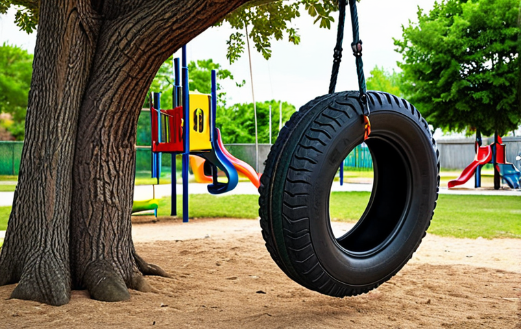 **A colorful tire swing hanging from a tree in a playground, with children laughing and playing around it.** (Focuses on the fun aspect of repurposed tires).