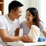 **Prompt:** An idyllic indoor scene featuring a multi-ethnic Malaysian family (parents and a young child) enjoying quality time. The child is playing happily, with healthy, clear skin, suggesting relief from irritation. Soft, freshly laundered clothes are subtly visible, creating a sense of comfort and cleanliness. The overall atmosphere is warm, bright, and serene, highlighting the peace of mind derived from using skin-friendly, eco-friendly products. A modern, minimalist bottle of eco-friendly laundry detergent with a subtle plant-based label is present in the background, symbolizing a conscious and beneficial household choice.